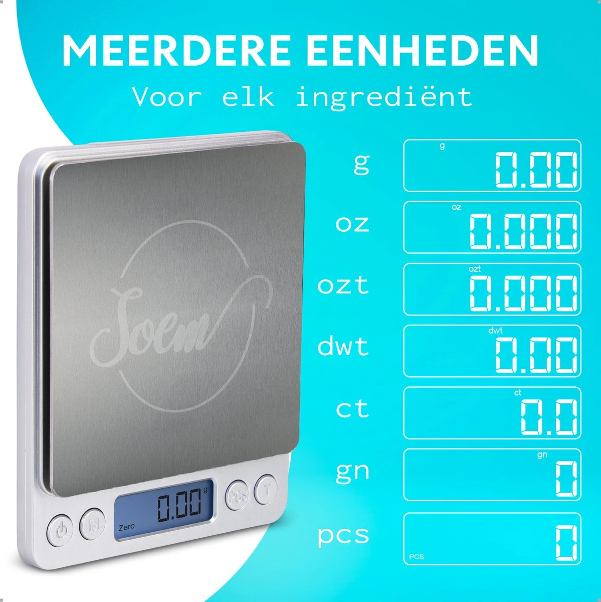 SOEM® Keukenweegschaal Digitaal Met Weegbakjes – Compacte Precisie Weegschaal 0.1 Gram – Koffie Weegschaal – RVS Weegschaal – Tarra Functie - Afbeelding 4