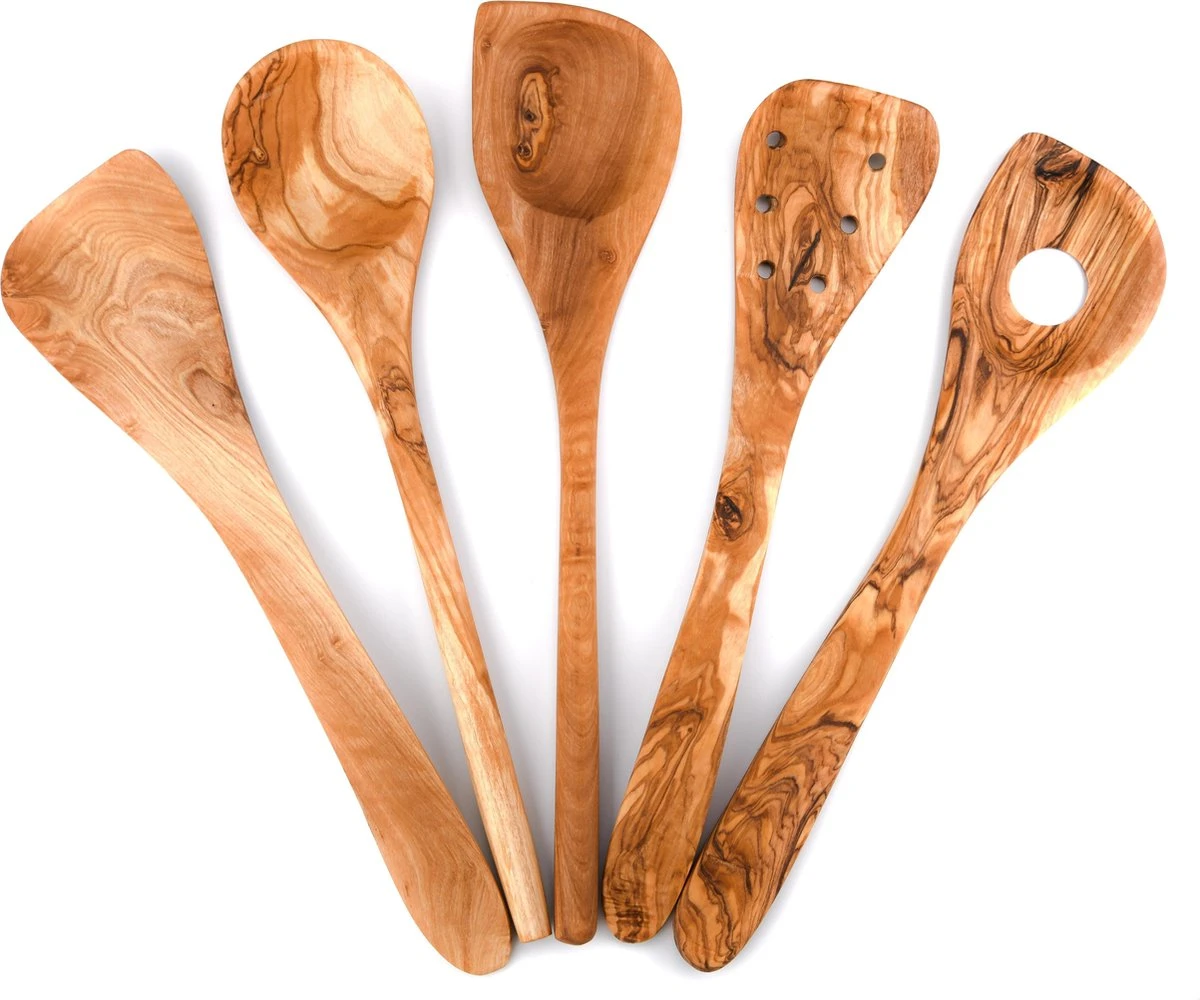 OLIVIEU ~ 5-delig Olijfhouten Duurzame Keukengerei Set Met Keukengerei Houder ~ Houten Kookgerei ~ Minimalistisch & Handgesneden ~ Keukengerei Pot ~ Kookgerei Set Met Kookgerei Houder - Afbeelding 2