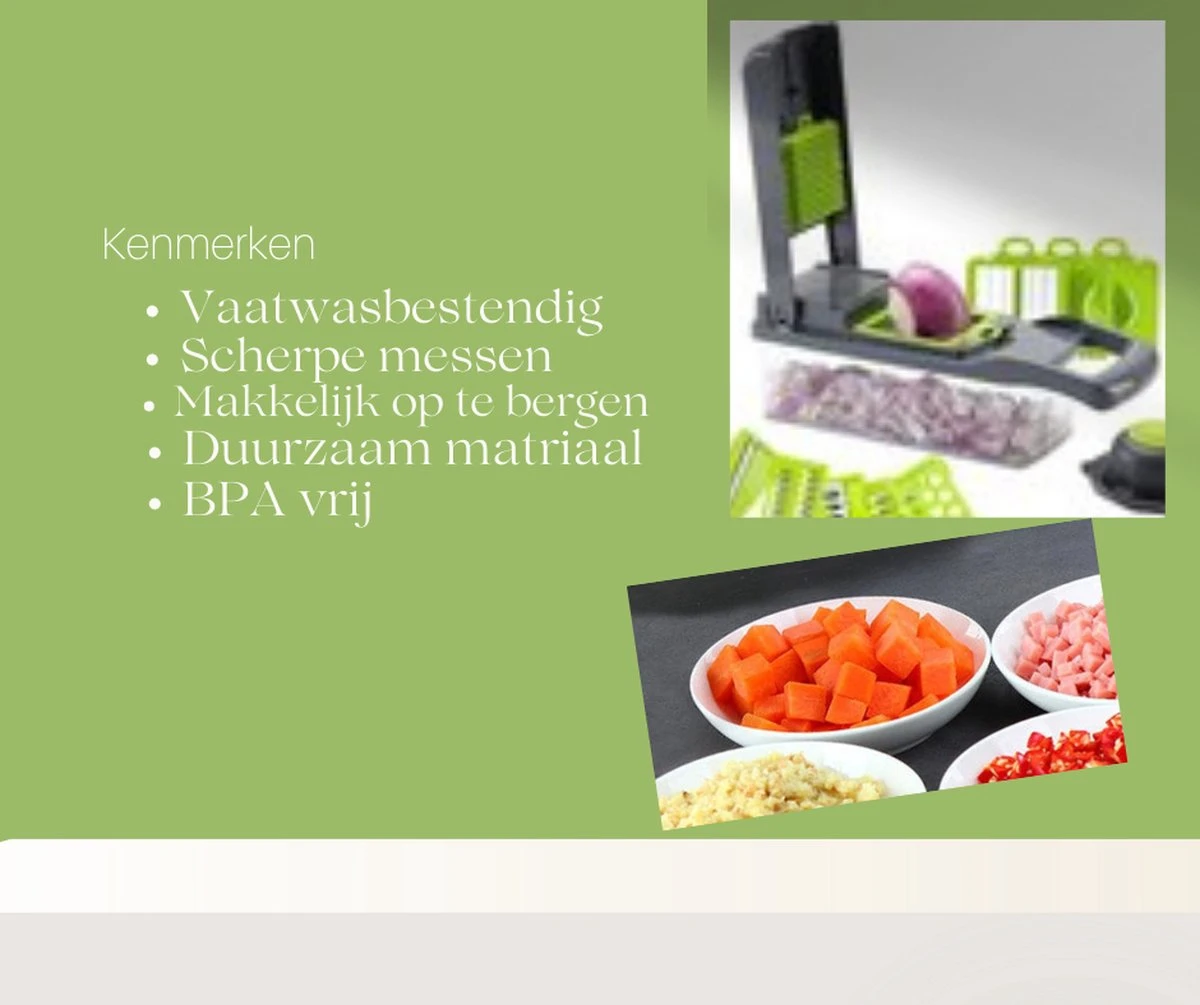Bymouna - Groentesnijder - Uiensnijder - Spiraalsnijder - Frietsnijder - Rasp - Instelbaar - Kunststof - BPA Vrij - Mandoline Keukensnijder - Alles Snijder - Chopper - Multifunctionele Groentesnijder - 14 Delig - Afbeelding 12