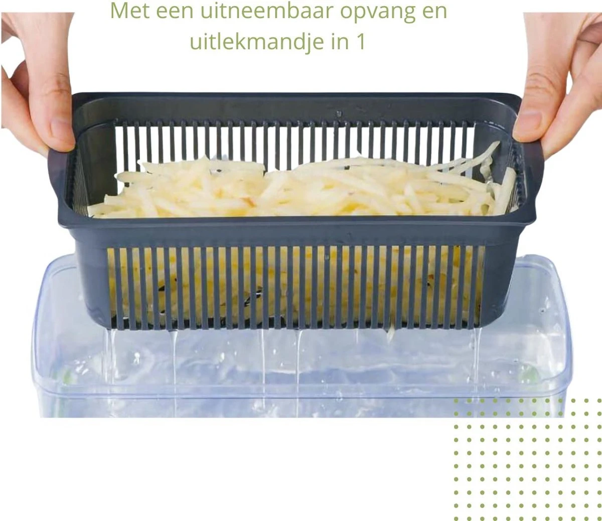 Bymouna - Groentesnijder - Uiensnijder - Spiraalsnijder - Frietsnijder - Rasp - Instelbaar - Kunststof - BPA Vrij - Mandoline Keukensnijder - Alles Snijder - Chopper - Multifunctionele Groentesnijder - 14 Delig - Afbeelding 11