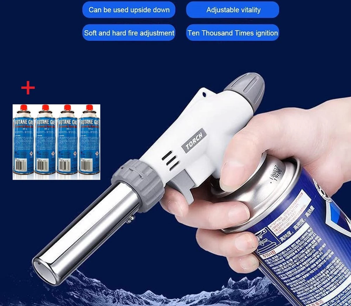 Gift Land® Crème-Brûlée Gasbrander -barbecue Starter - Soldeerbrander + 4 Butaan Gasflesjes - Voordeelverpakking