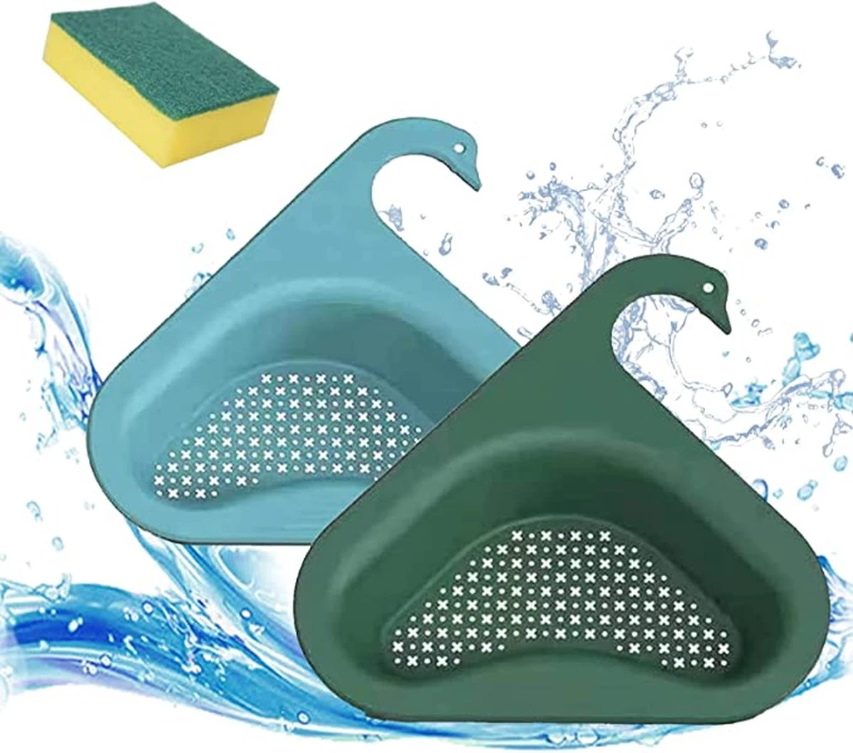 Merkloos Kunststof - Vergiet - Blauw - Driehoek - Zeef - Spoelbak - Gootsteen - Zwaanvorm - Lange Haak - Afbeelding 4