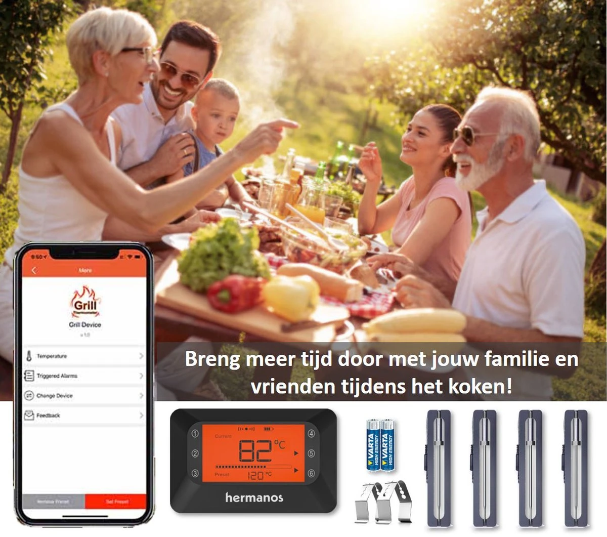 Hermanos® Digitale BBQ Thermometer Draadloos - Keukenthermometer - Bluetooth Met App - 4 Sondes - Magneet - Incl. Batterijen - Afbeelding 3