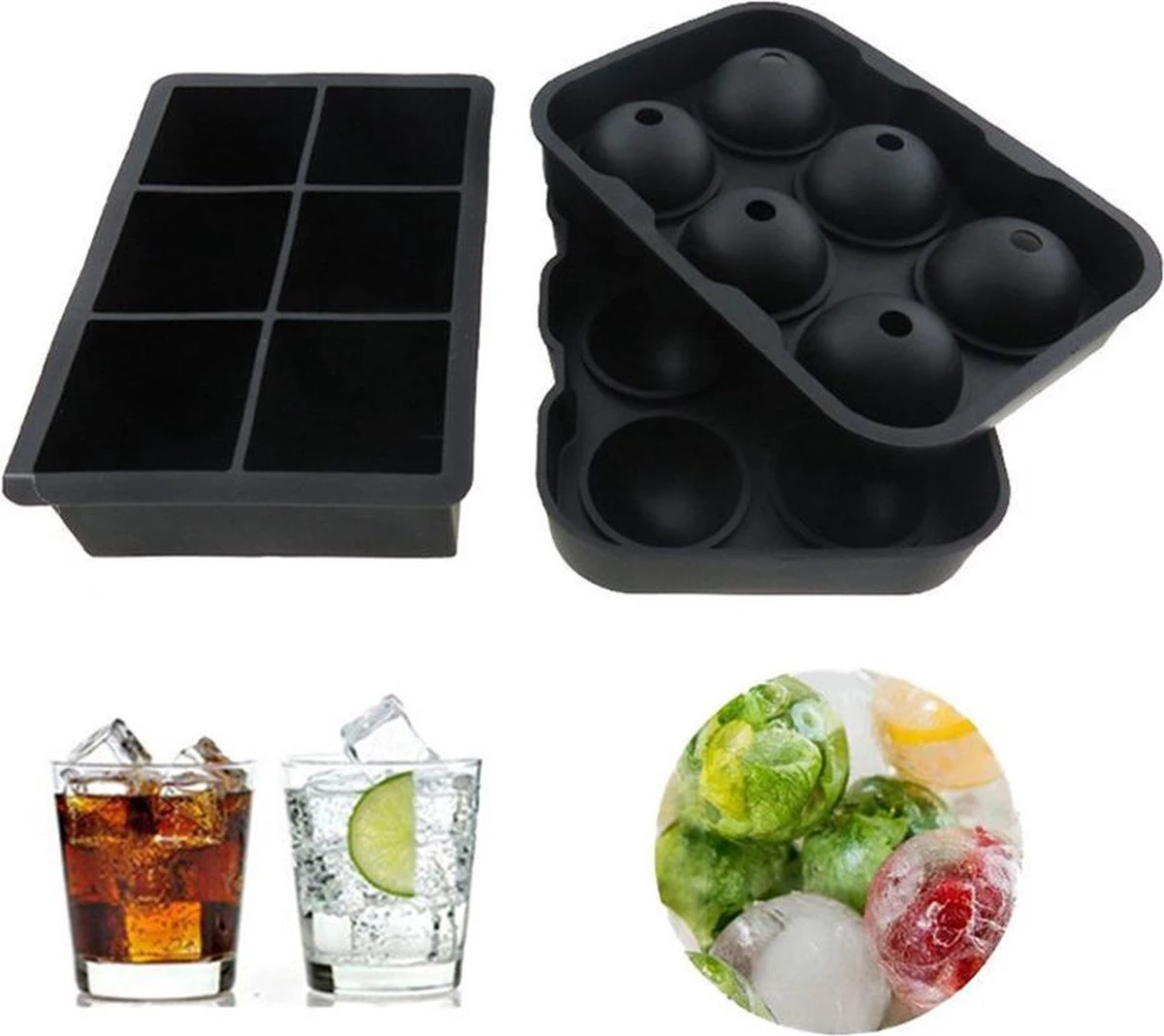 Luxe IJsblokvormen - Set Van 2 - 6 Grote Ronde Ijsballen En 6 Vierkante Ijsblokken - Voedselveilig Siliconen - Zwart - Afbeelding 4
