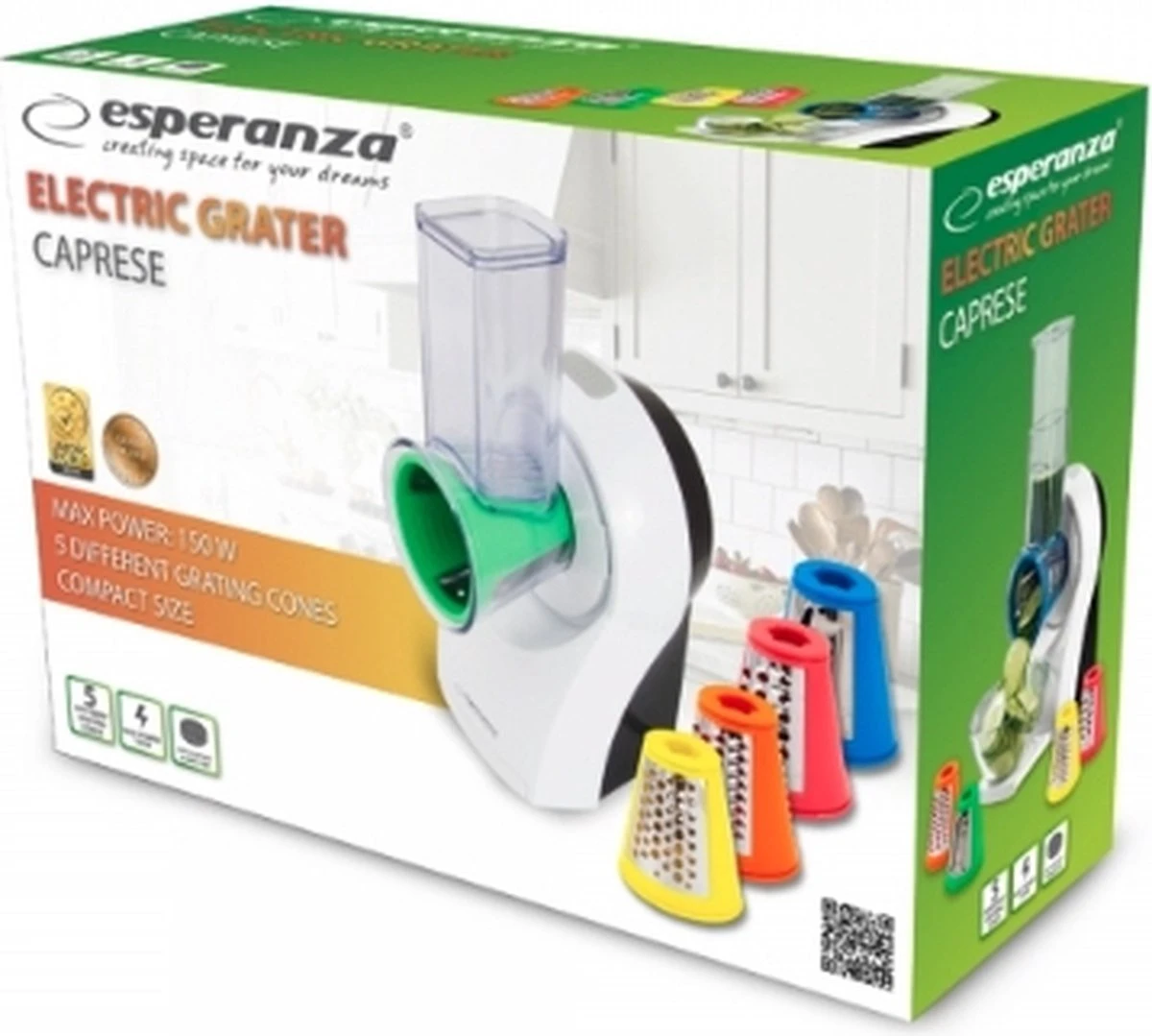 Esperanza ''Caprese'' Elektrische Rasp Met 5 Opzetstukken - Snel Raspen - Elektric Grater - 150W - Wit - Afbeelding 2