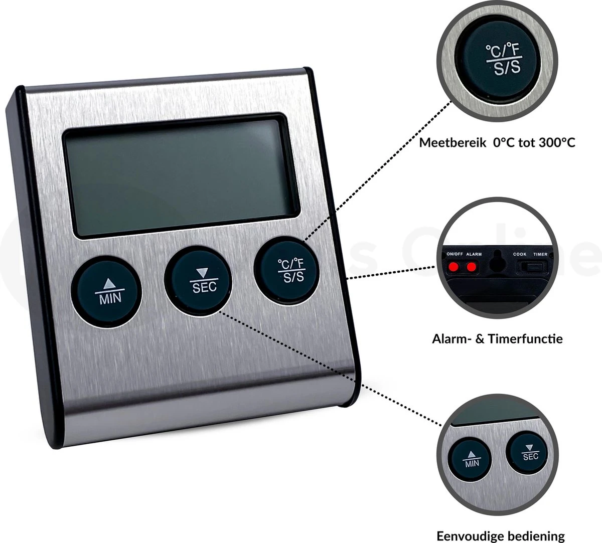 Merkloos MDO Vleesthermometer - Keukenthermometer - Digitaal - BBQ Thermometer - Oventhermometer - Kookthermometer- RVS - Afbeelding 3