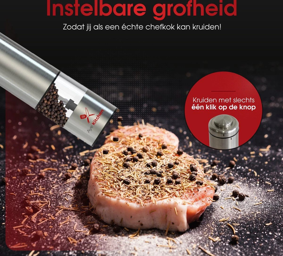 Aye Kitchen Peper En Zout Molen Set – Elektrisch – Voor Kruiden & Specerijen – RVS - Duurzaam - Afbeelding 5