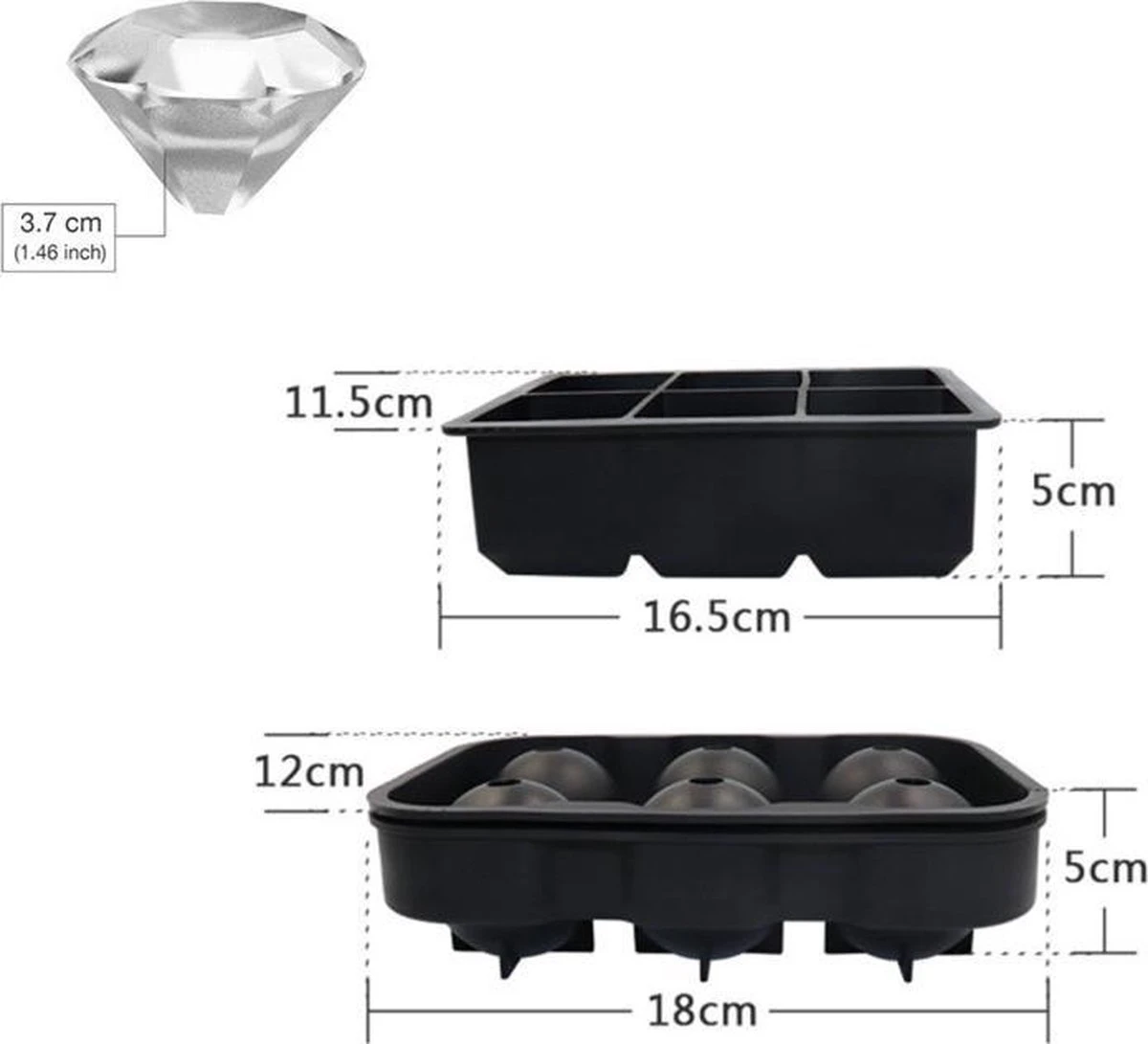 Luxe IJsblokvormen - Set Van 2 - 6 Grote Ronde Ijsballen En 6 Vierkante Ijsblokken - Voedselveilig Siliconen - Zwart - Afbeelding 7