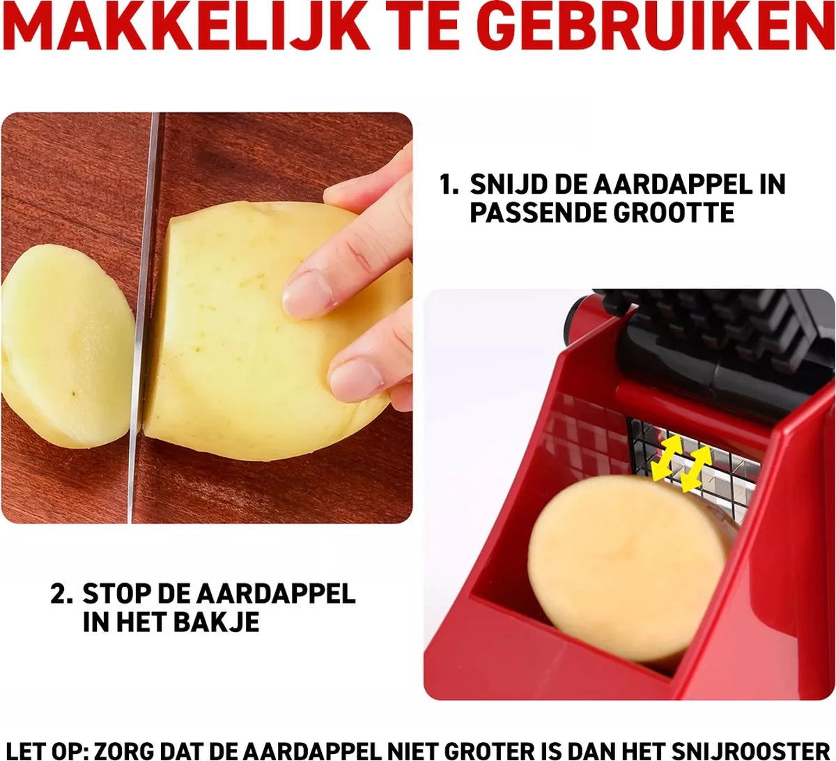 Merkloos Frietsnijder - Patatsnijder - Groentesnijder - Roestvrijstalen Snijrooster - Raspen, Schillers & Snijders - Rood - Afbeelding 6