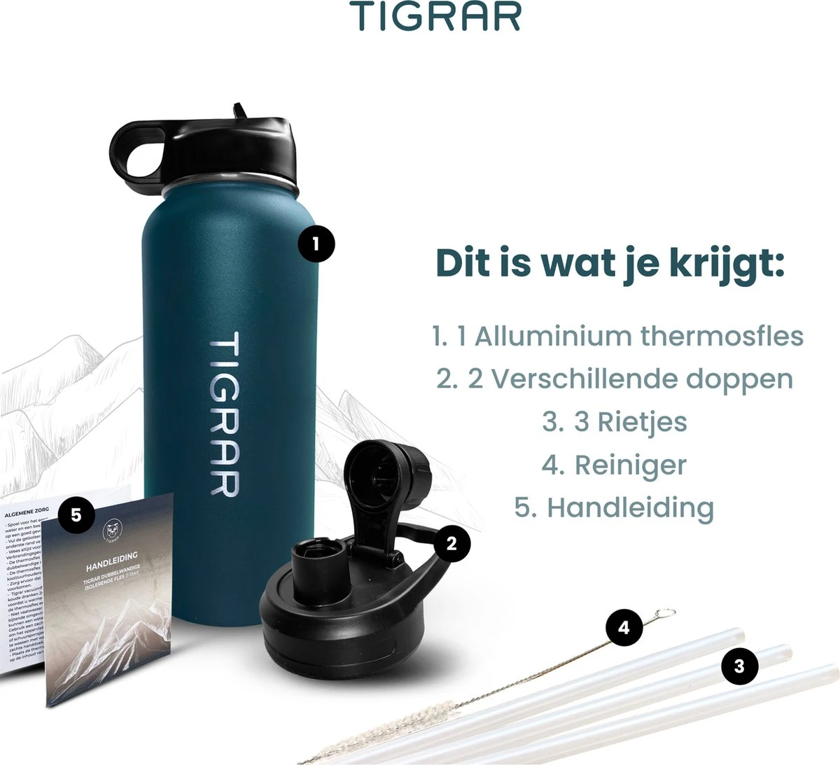 Tigrar - Waterfles - Drinkfles - Thermosfles 1 Liter Dubbelwandig - RVS - (Staal) Blauw - Incl. Extra Dop 3 Rietjes En Reiniger - Afbeelding 2