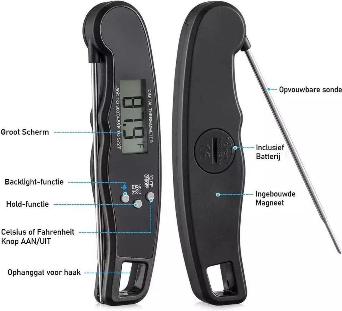 Premium Digitale Keuken Thermometer Met Flashlight- Vleesthermometer - Kookthermometer - Bbq Thermometer - Suikerthermometer Met Hold Functie - Afbeelding 3