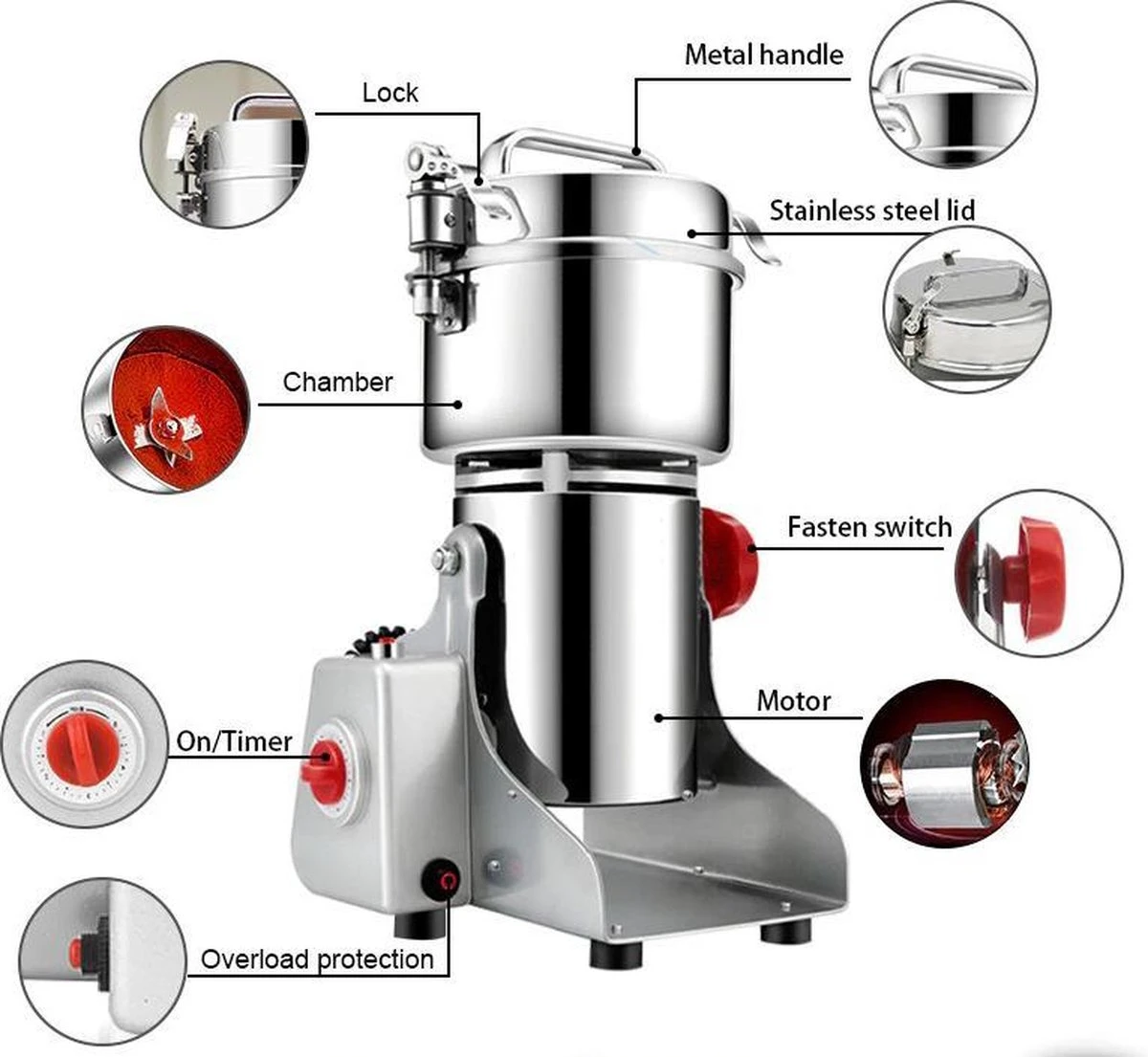 Professionele Graanmolen Elektrisch 700 Gram - Kruiden Maler - Sprice Grinder - Kruidenmolen - RVS - 2500W - Afbeelding 8