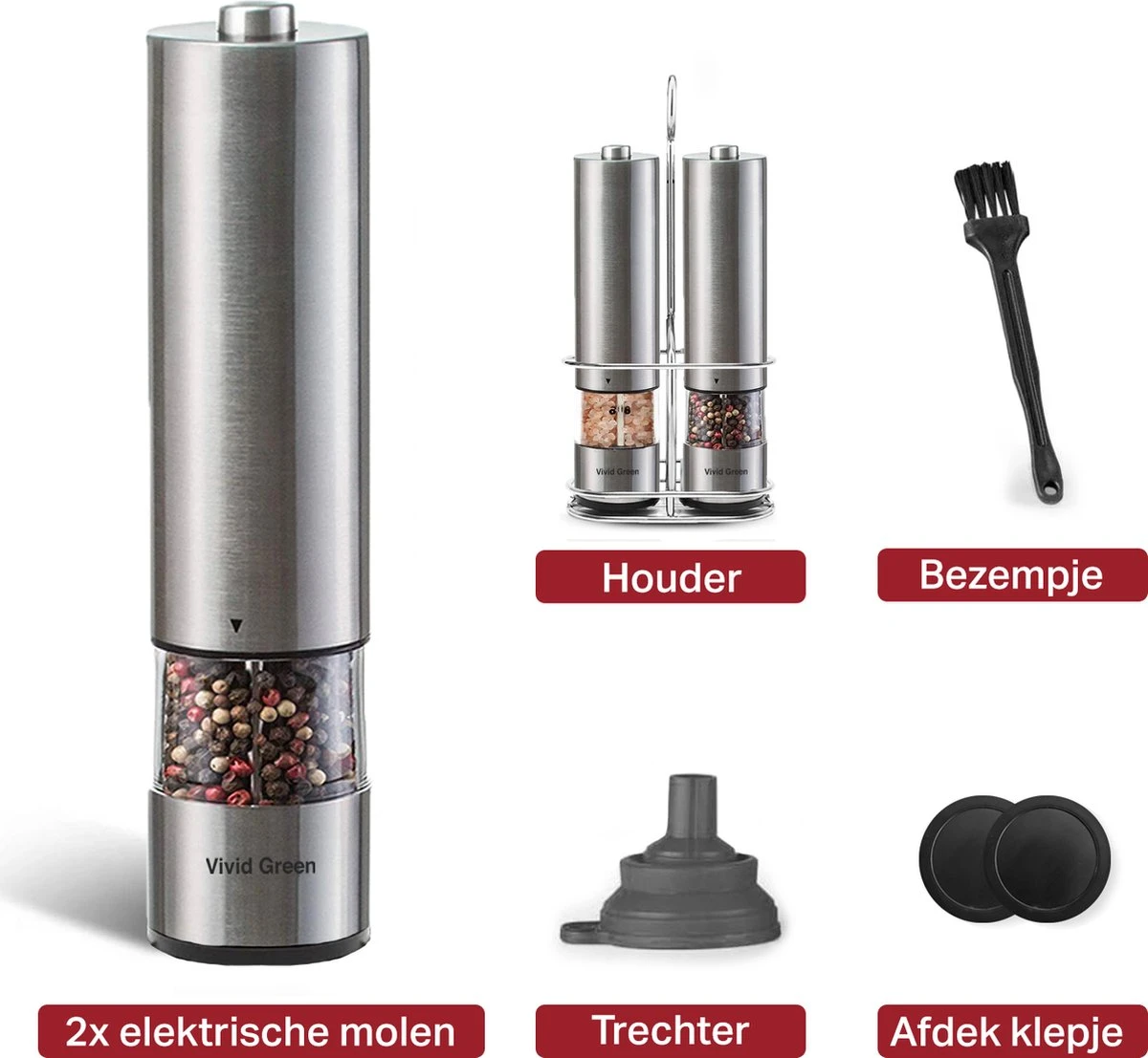 Vivid Green Elektrische Peper En Zoutmolen Set - Zoutstellen - Zoutmolen - Kruidenmolen - Zout En Pepermolen Set - Incl. Houder - RVS - Afbeelding 7