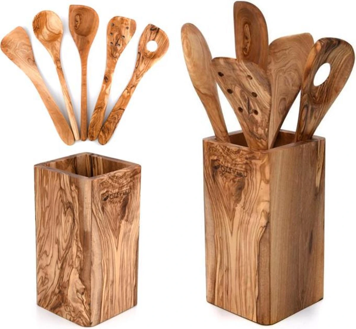 OLIVIEU ~ 5-delig Olijfhouten Duurzame Keukengerei Set Met Keukengerei Houder ~ Houten Kookgerei ~ Minimalistisch & Handgesneden ~ Keukengerei Pot ~ Kookgerei Set Met Kookgerei Houder