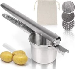 Amazy Aardappelstampers - Aardappelrasp Incl. 3 Zeefinzetten En Aardappelzak - Vaatwasmachinebestendige Roestvrijstalen Ricer Voor Het Bereiden Van Aardappelpuree, Knoedels, Gnocchi & Co. (rond, Extra Lang Handvat)
