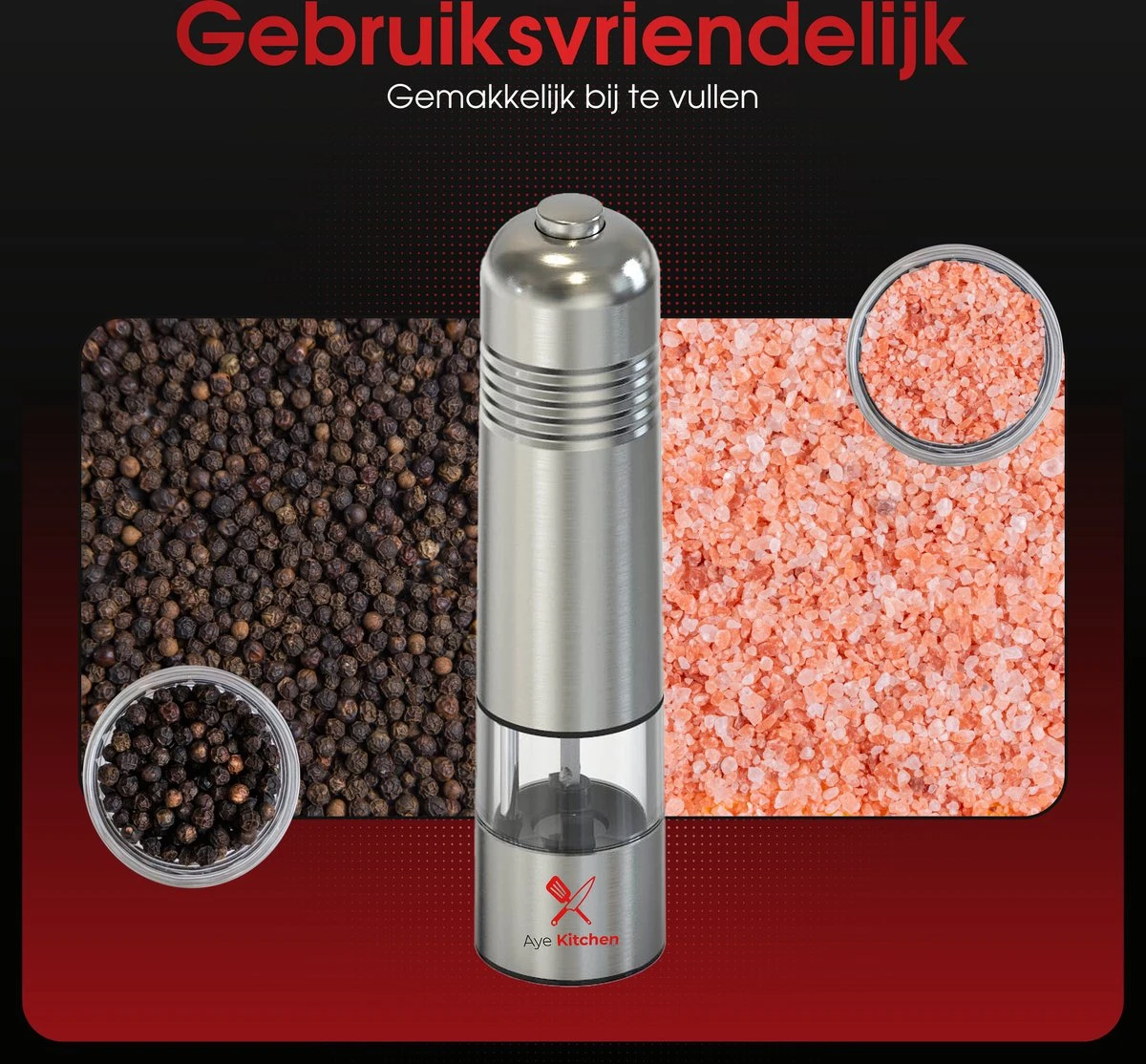 Aye Kitchen Peper En Zout Molen Set – Elektrisch – Voor Kruiden & Specerijen – RVS - Duurzaam - Afbeelding 7