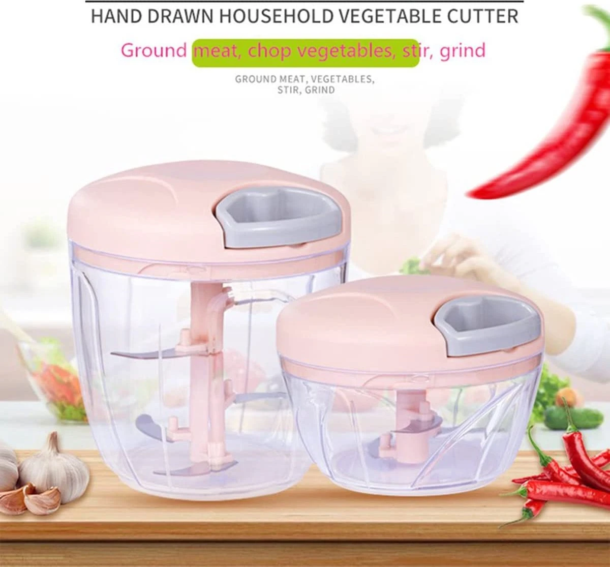 Doogo® Groentesnijder Met Trekkoord – Hakmolen – 900 ML – Groentehakker – Kruidenmolen – Uiensnijder – Blauw - Afbeelding 2