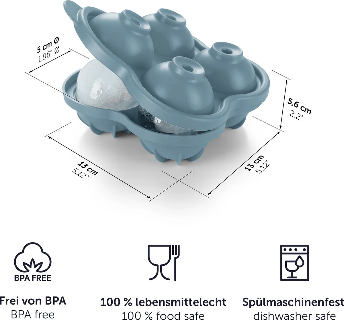 Blumtal Bollen IJsblokjesvorm - 2 X 4 IJsblokjes - Hoogwaardig Siliconen - 8 Stuks - 5 Cm - Grijs - Blauw / Lichtblauw - Afbeelding 4