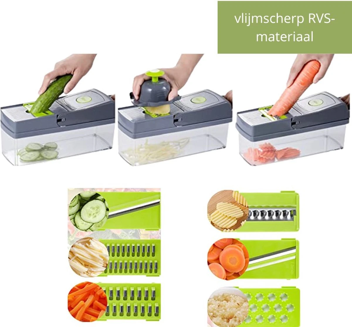 Bymouna - Groentesnijder - Uiensnijder - Spiraalsnijder - Frietsnijder - Rasp - Instelbaar - Kunststof - BPA Vrij - Mandoline Keukensnijder - Alles Snijder - Chopper - Multifunctionele Groentesnijder - 14 Delig - Afbeelding 3