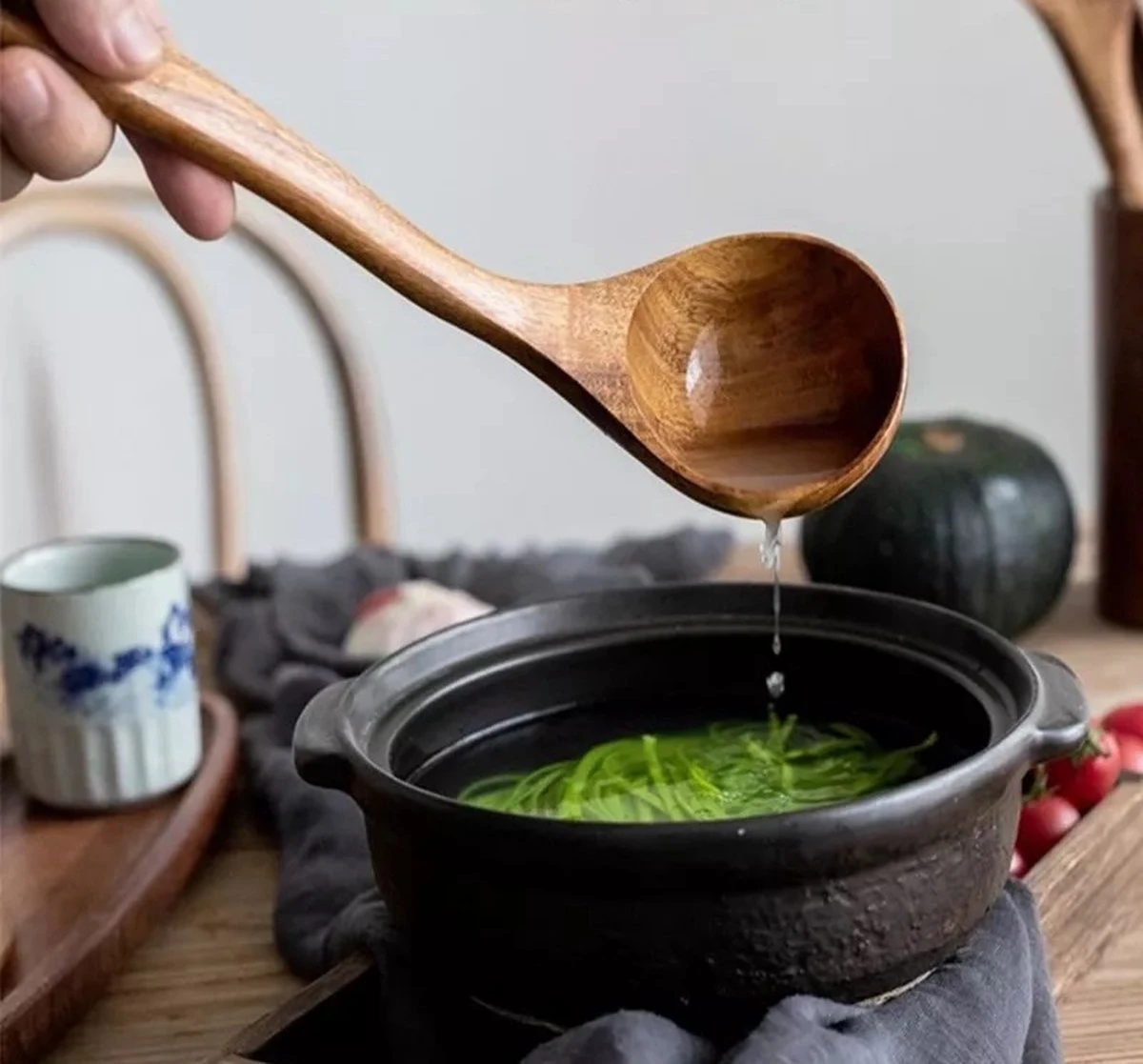 Luverno® - Keukengerei Set - 6 Delig - Teakhout - Keukenset - Keukengerei - Keukengerei Set Met Houder - Keukengerei Houder - Spatelpot - Bruin - Afbeelding 7