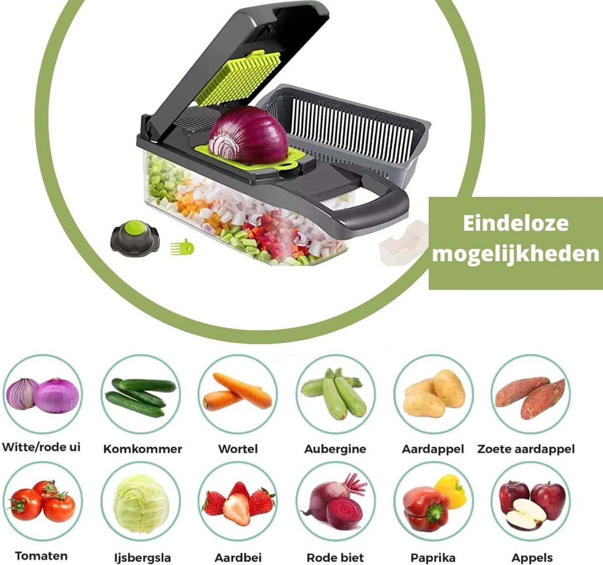 Bymouna - Groentesnijder - Uiensnijder - Spiraalsnijder - Frietsnijder - Rasp - Instelbaar - Kunststof - BPA Vrij - Mandoline Keukensnijder - Alles Snijder - Chopper - Multifunctionele Groentesnijder - 14 Delig - Afbeelding 9