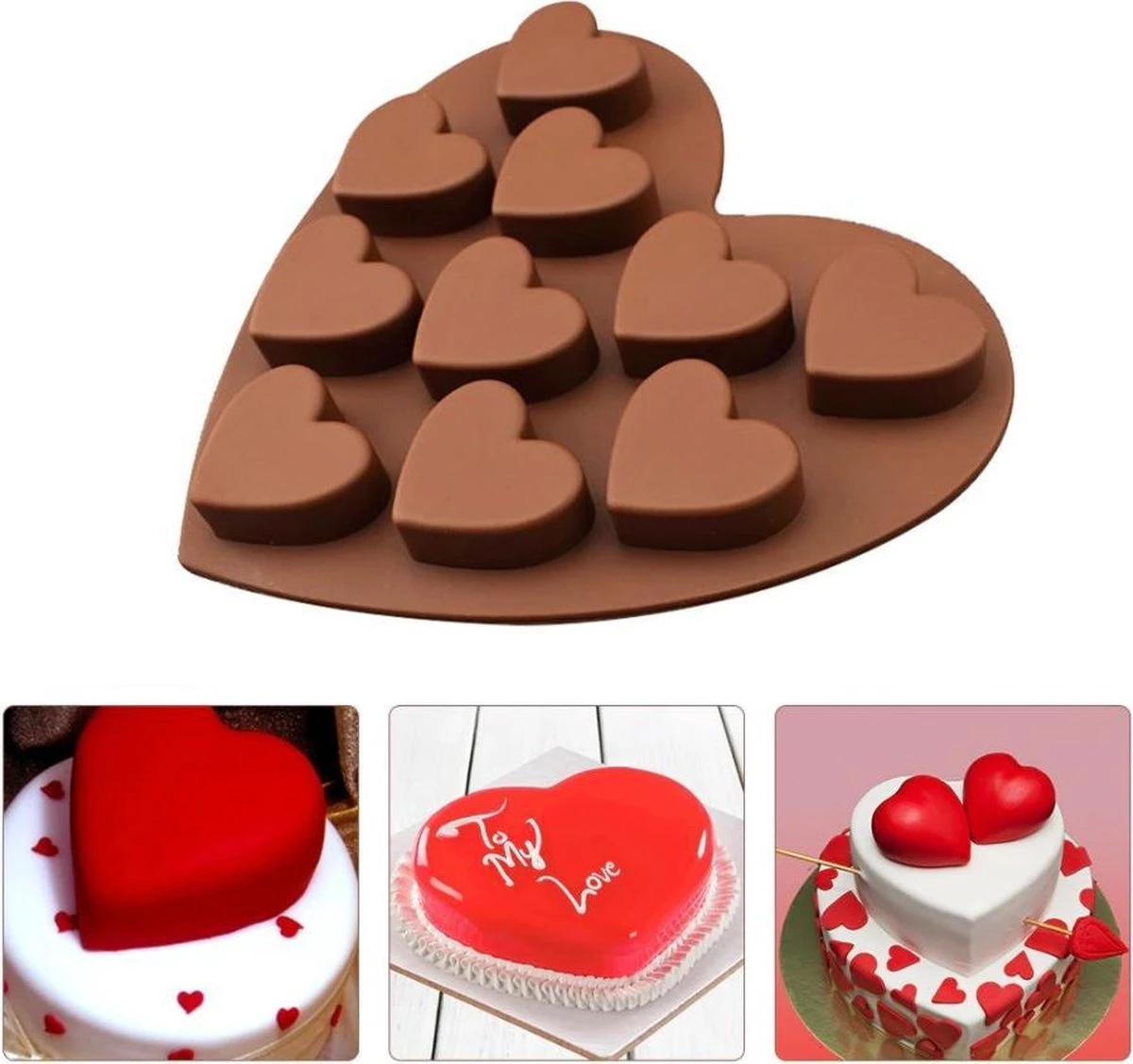 Merkloos Ijsblokjes Vorm - Hart Chocoladevorm - Siliconen Bakvorm - 10 Hartjes - Mal Voor Muffin En Cupcakes - Hartvorm - Ijsblokjeshouder Hartjes - Bruin - Afbeelding 2