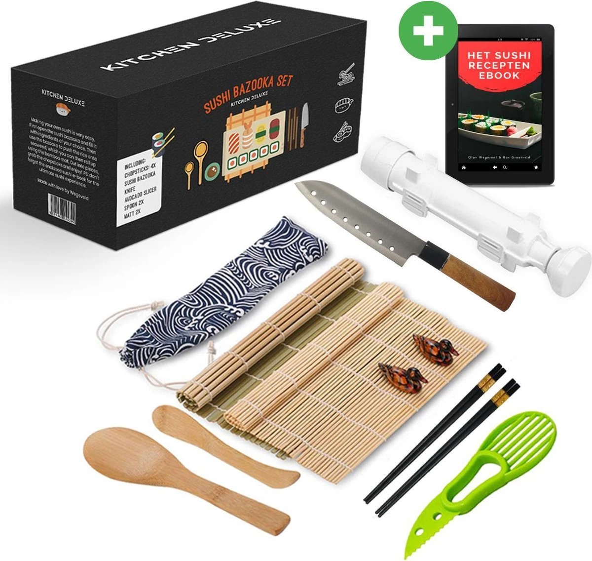 XXL Sushi Set - Sushi Maken- Sushi Maker - Milieuvriendelijk - Sushi Bazooka Kit - Inclusief Online Sushi Kookboek En Avocado Snijder - Wit