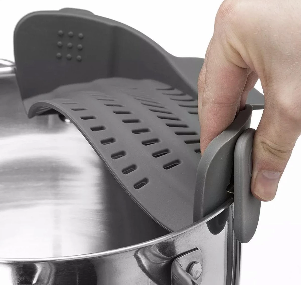 Siliconen Vergiet - Afgieter - Veilig Afgieten – Solide Compacte Keuken Afgietdeksel - Afgiethulp - Clip Aan Keuken Zeef Grijs - Afbeelding 2