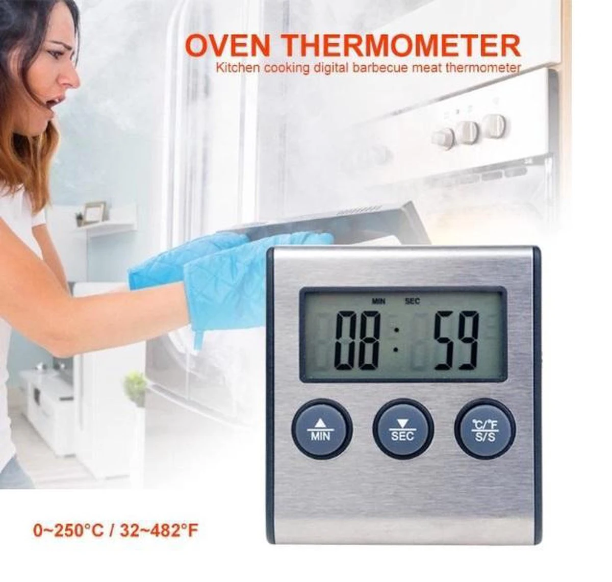 Merkloos Temperatuur Meter - 2 In 1 Digitale Professionele Thermometer En Wekker - Vleesthermometer - Kern Temperatuurmeter Voor Vlees/Vloeistof - 0-250 Graden Celcius - Afbeelding 2