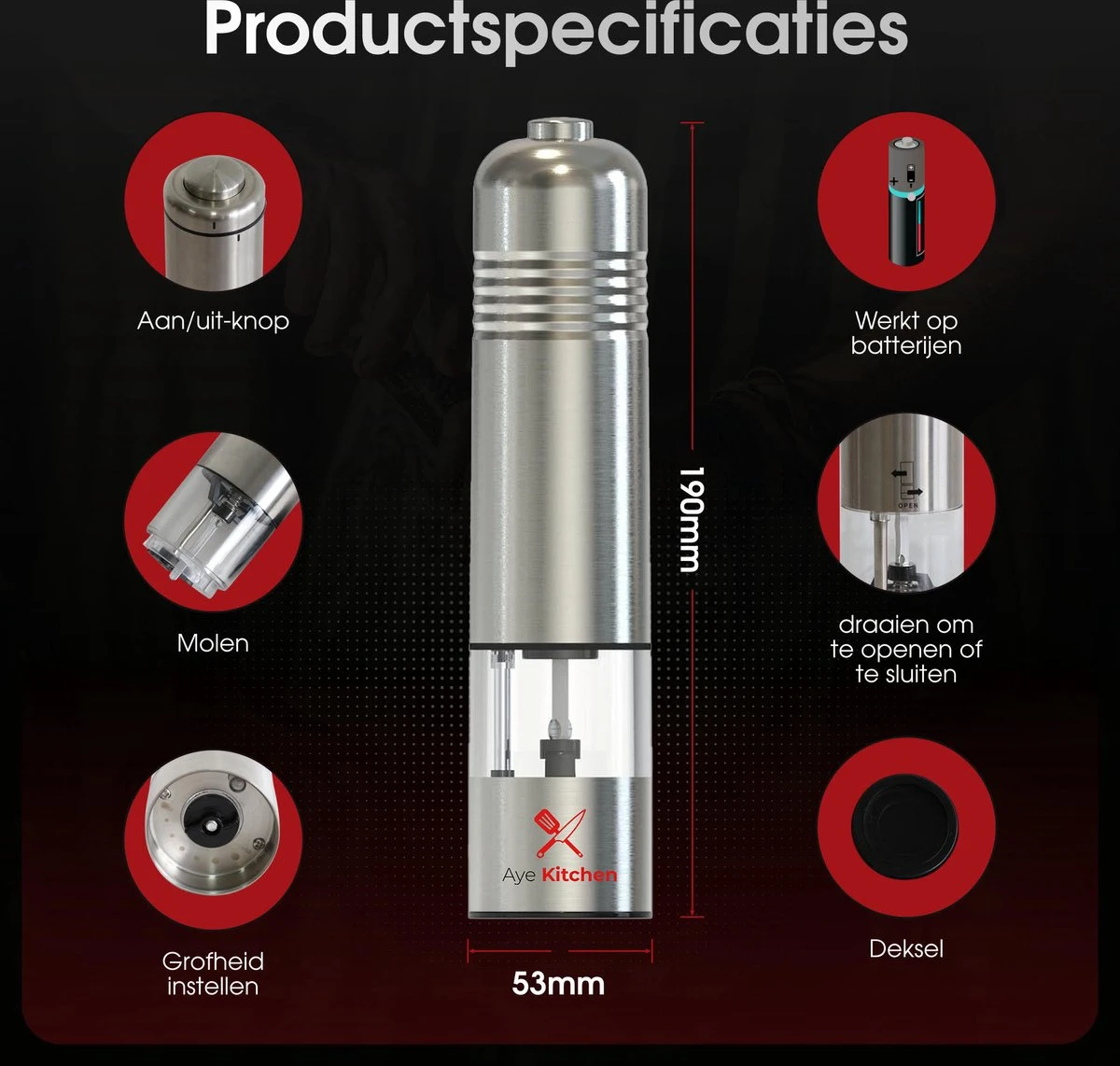 Aye Kitchen Peper En Zout Molen Set – Elektrisch – Voor Kruiden & Specerijen – RVS - Duurzaam - Afbeelding 2