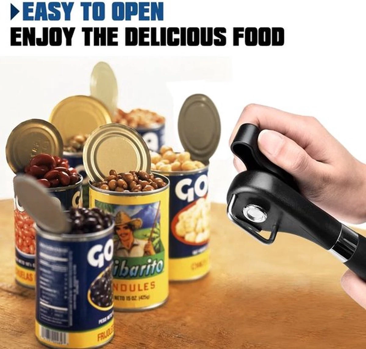 BOTC Blikopener - Veilig - Blikopener Met Bieropener - Opent Zonder Scherpe Randen - Hersluitbaar - RVS - Silicone - Zwart - Afbeelding 4