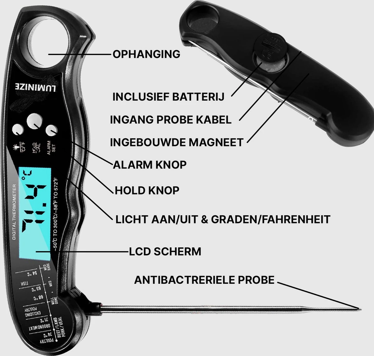 Vleesthermometer - BBQ Thermometer - Oventhermometer - Big Green Egg - Inclusief Sonde En Batterijen - Afbeelding 6