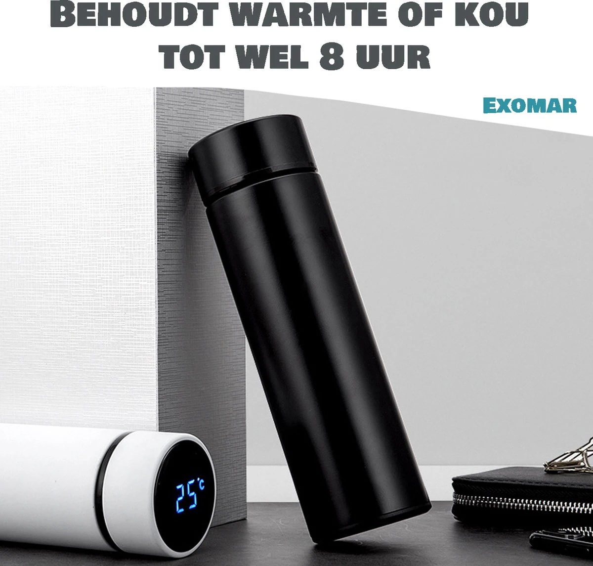 Exomar® Slimme Thermosfles Met LCD Temperatuur Display - Curver Isolatiefles 500 ML - Matte Finish - Thermosbeker - Isoleerfles - Dubbelwandige Thermosfles - Thermoskan - Travel Mug - Bidon Drinkfles - Drinkflessen - RVS - Koffiebeker - Smart Thermos - Afbeelding 4