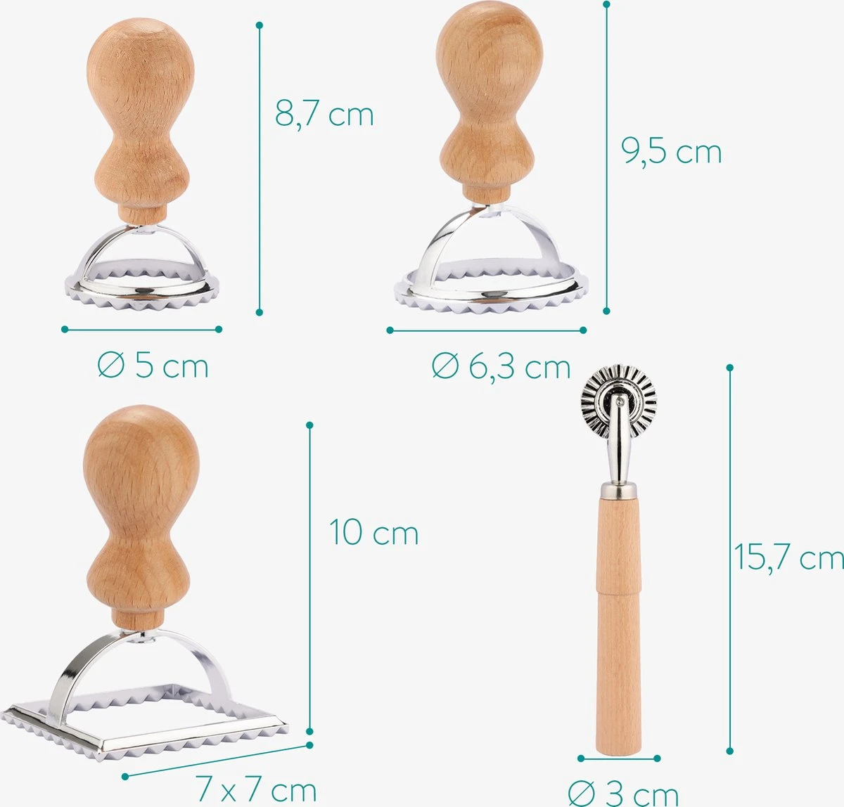 Navaris Set Van 4 Raviolisnijders - Raviolimakers Met Houten Handvat - Set Van 3 Vormsnijders En 1 Pastawiel Voor Het Snijden Van Zelfgemaakte Ravioli - Afbeelding 5