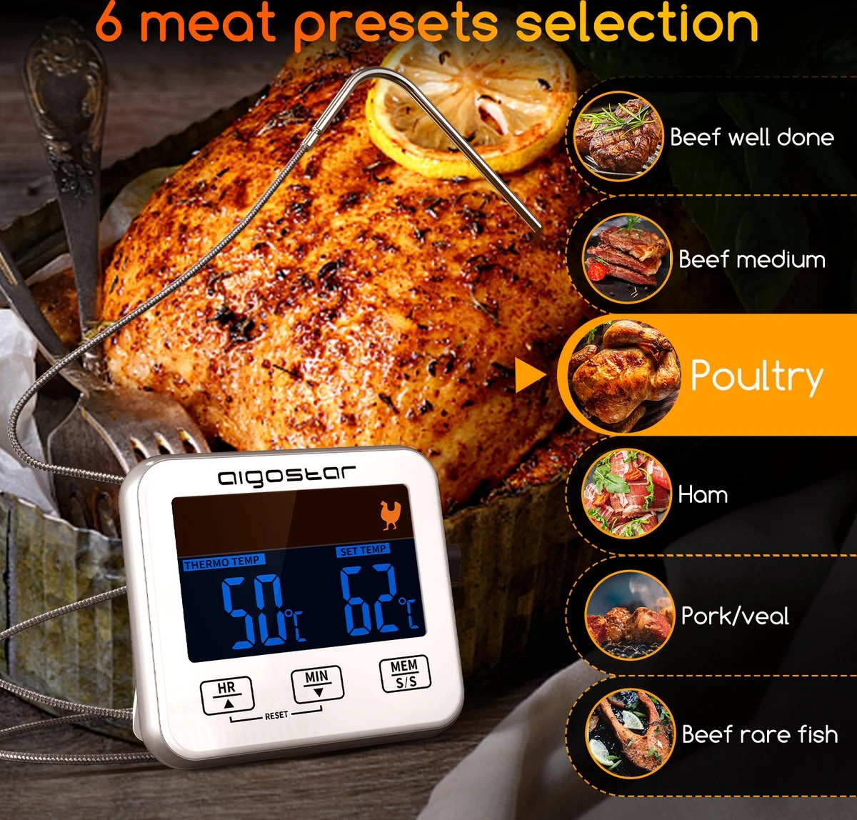 Aigostar 2-in-1 Magnetische Digitale Kern Thermometer Met Keuken Timer Alarm -0-250 Graden Celcius - Magnetische Vloeistof/Vlees Temperatuurmeter Met Meetsonde Draad & Kook Timer - Afbeelding 4