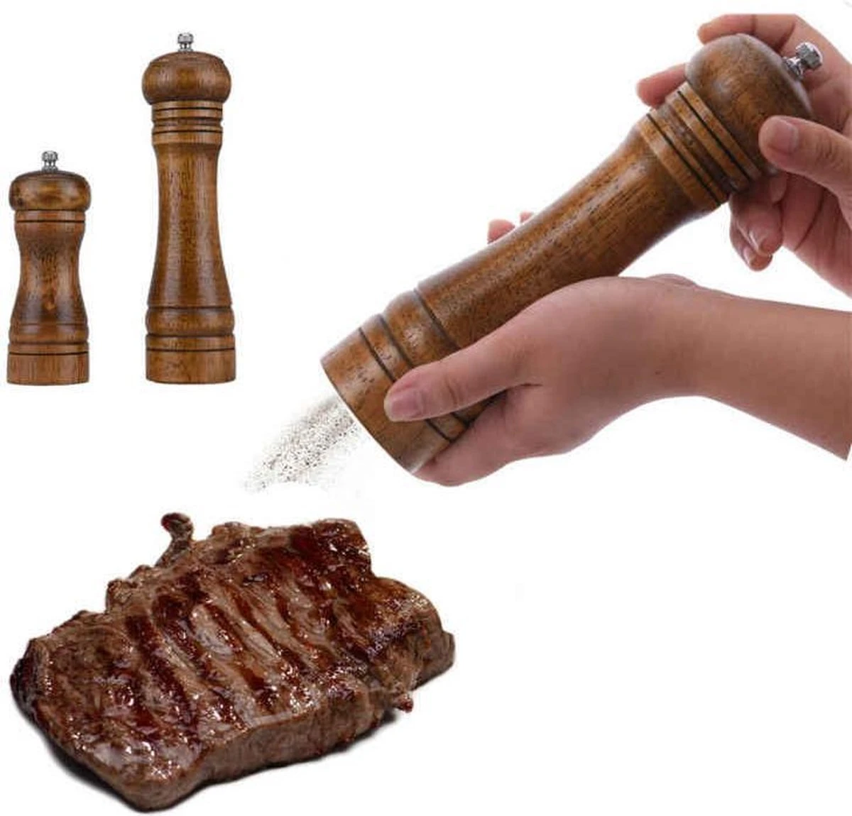 Peper En Zoutmolen Set Van Donker Eiken Hout - Afbeelding 2
