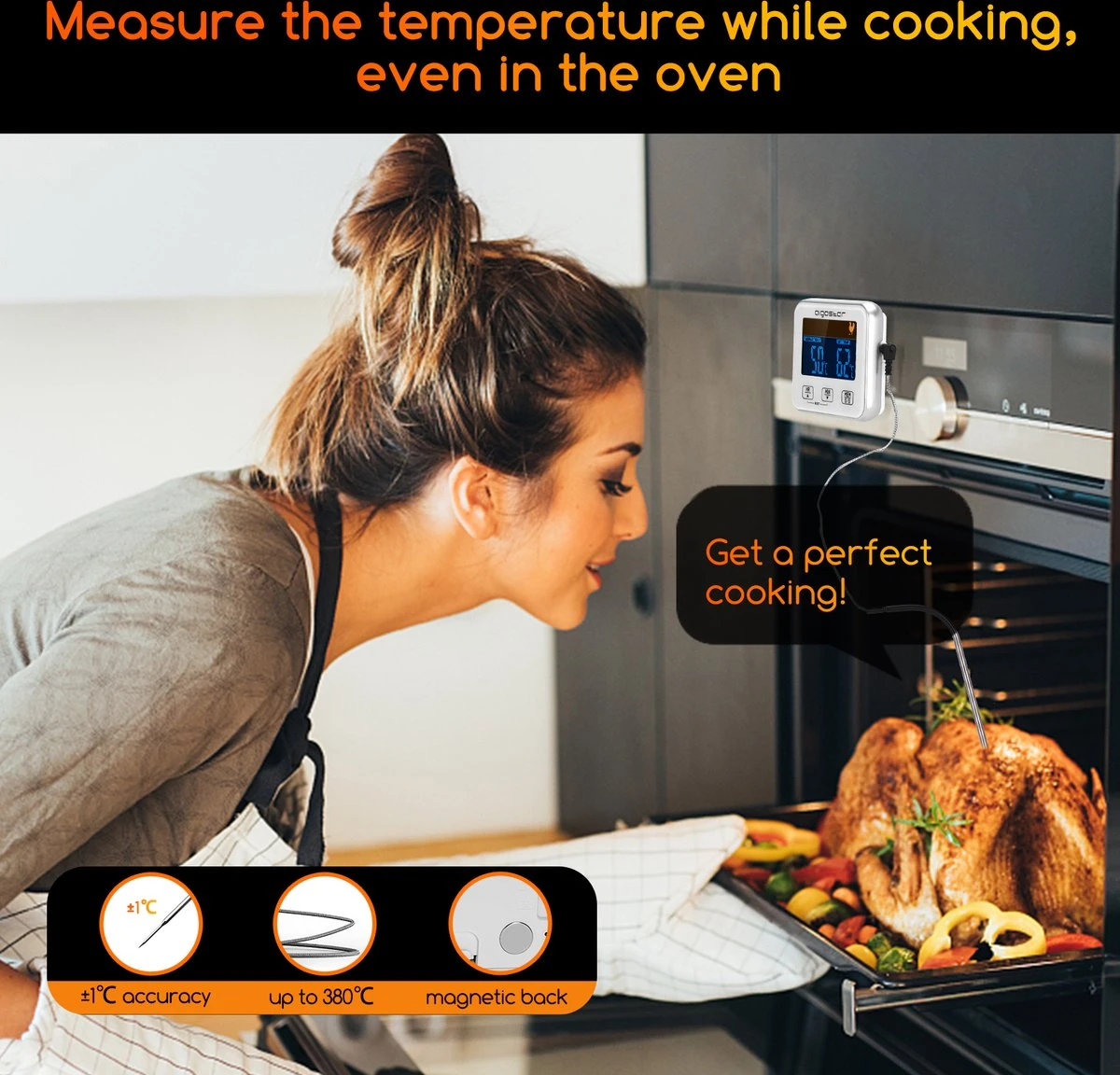 Aigostar 2-in-1 Magnetische Digitale Kern Thermometer Met Keuken Timer Alarm -0-250 Graden Celcius - Magnetische Vloeistof/Vlees Temperatuurmeter Met Meetsonde Draad & Kook Timer - Afbeelding 8