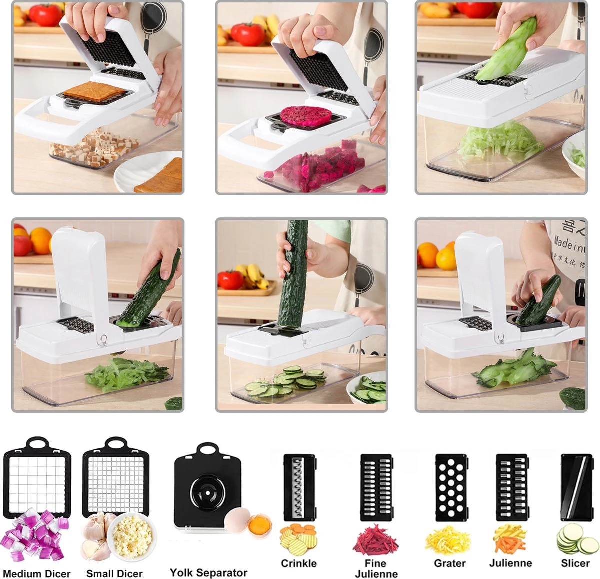 Groentesnijder - Mandoline - Keukenhulp - Stevig Materiaal - Raspen - Snijder - Dooierscheider - Alle Mogelijke Snij Opties - Vergiet - Grote Opvang Bak - Extra Uitgebreid - Handig Wisselsysteem - Afbeelding 4