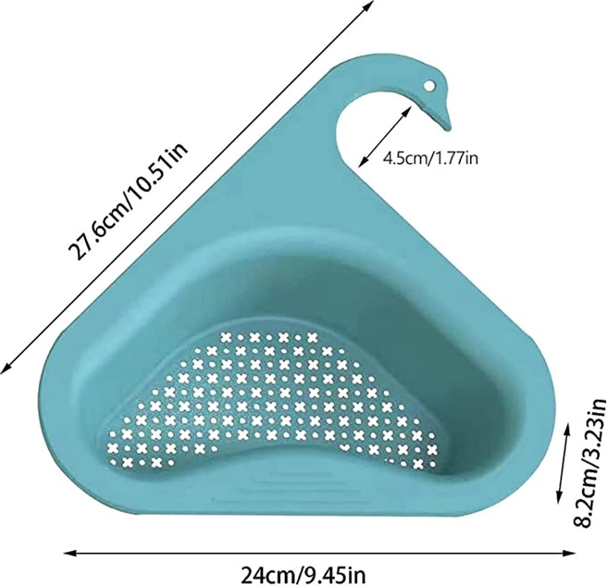 Merkloos Kunststof - Vergiet - Blauw - Driehoek - Zeef - Spoelbak - Gootsteen - Zwaanvorm - Lange Haak - Afbeelding 2
