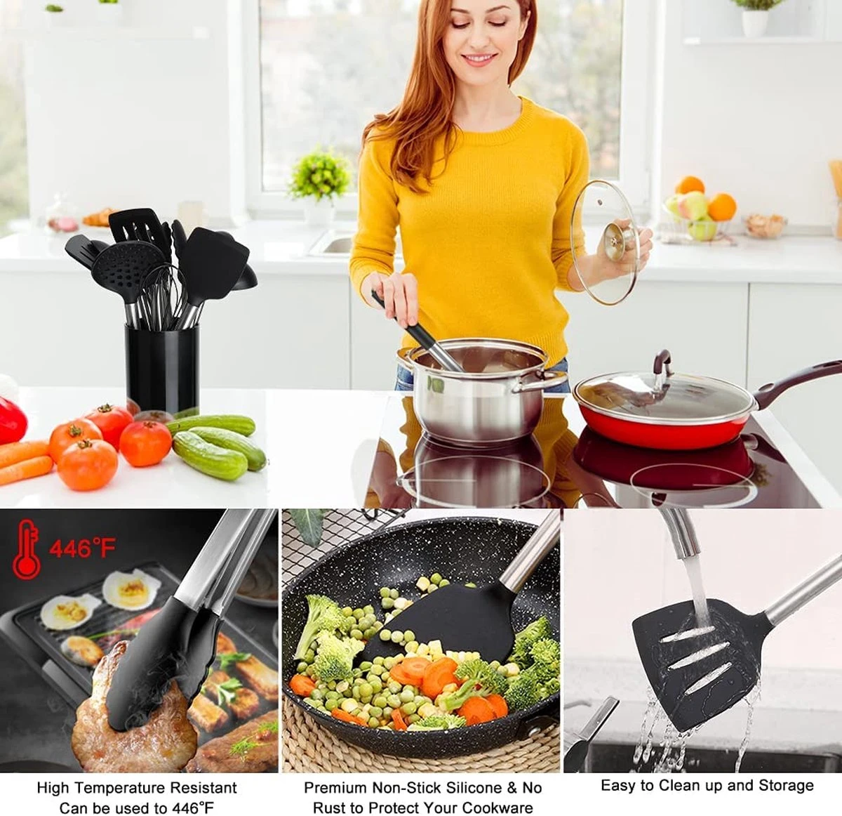 Merkloos Keukengerei Set Met Houder 12-delig - Siliconen – Ophangbaar - Antiaanbak Laag – Hittebestendig En BPA Vrij - Zwart - Afbeelding 8