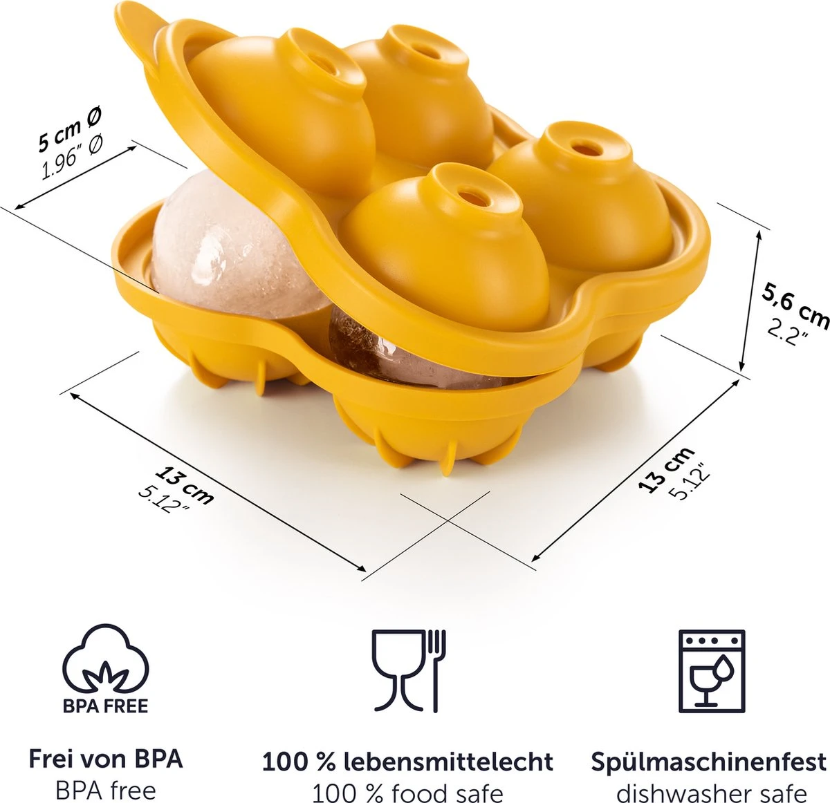 Blumtal Bollen IJsblokjesvorm - 2 X 4 IJsblokjes - Hoogwaardig Siliconen - 8 Stuks - 5 Cm - Zwart / Geel - Afbeelding 2