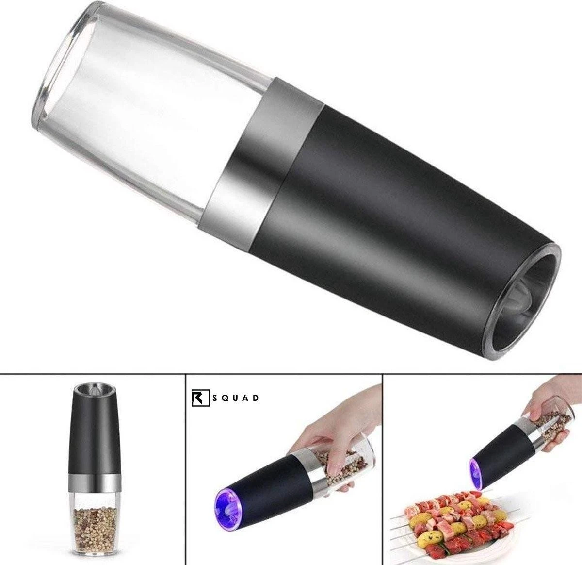 RSQUAD® - Elektrische Zout Pepermolen - 1x Automatische Peper Zoutmolen - Kruidenmolen - Met Blauw LED Licht - Zwart - Afbeelding 2