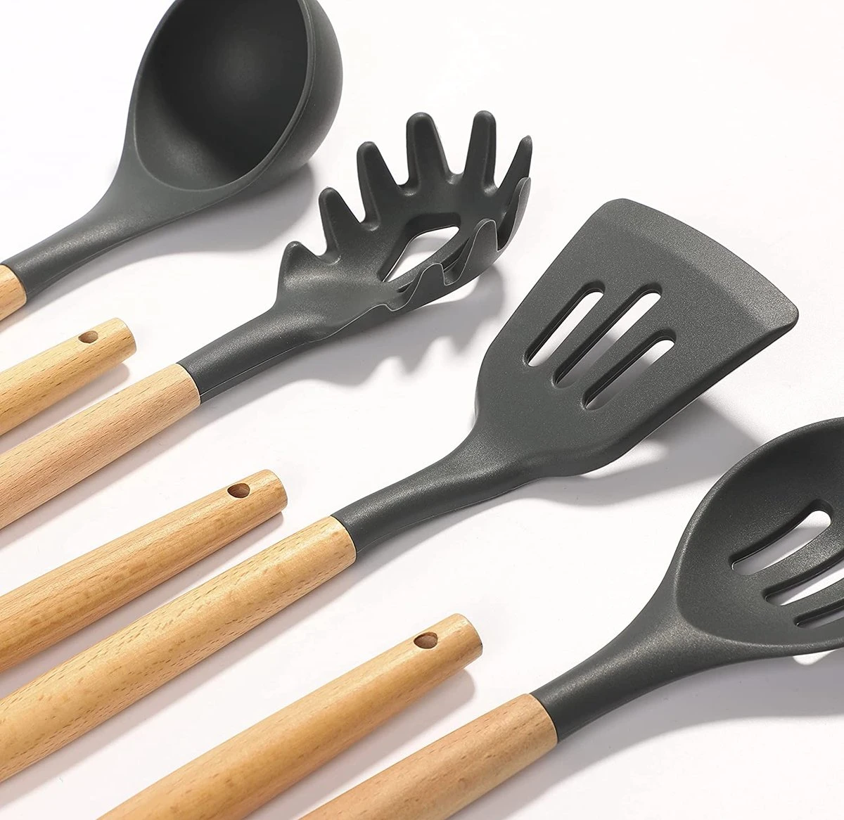 IGOODS - Keukengerei Sets Siliconen - 12-Delig Kookgerei Sets - Siliconen Inclusief Gebruiksvoorwerpen Houders - Antikleef Anti-Kras Kookgerei - Keukengereedschap Met Houten Handvat -Donker Grijs - Afbeelding 4