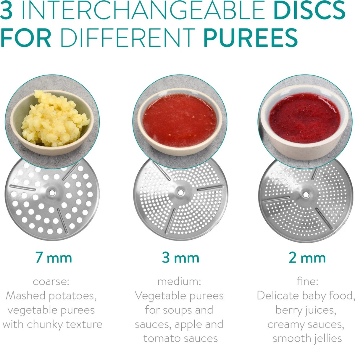 Navaris Roestvrijstalen Passeerzeef Met 3 Zeefinzetten - Roerzeef Voor Soepen, Jam, Smoothies, Babyvoeding En Sauzen - Passe-vite Met 3 Schijven - Afbeelding 2