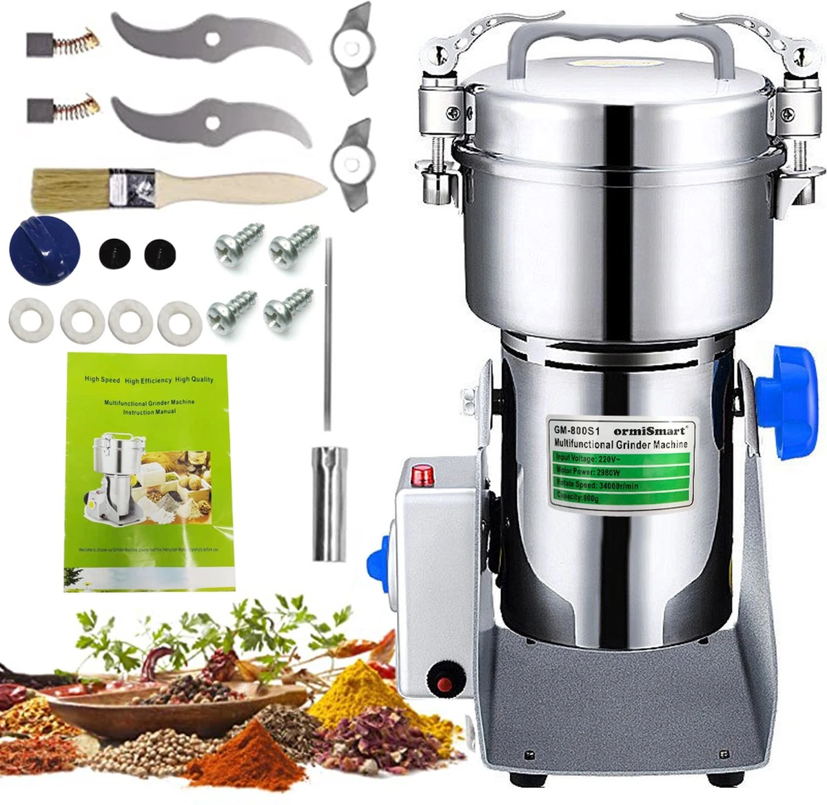 Professionele Elektrische Graanmolen - 800g Keukenmolen - Spice Grinder - Elektrische Kruidenmolen - RVS 3000W - 36000 (r/p) - Overload Protection - Afbeelding 2