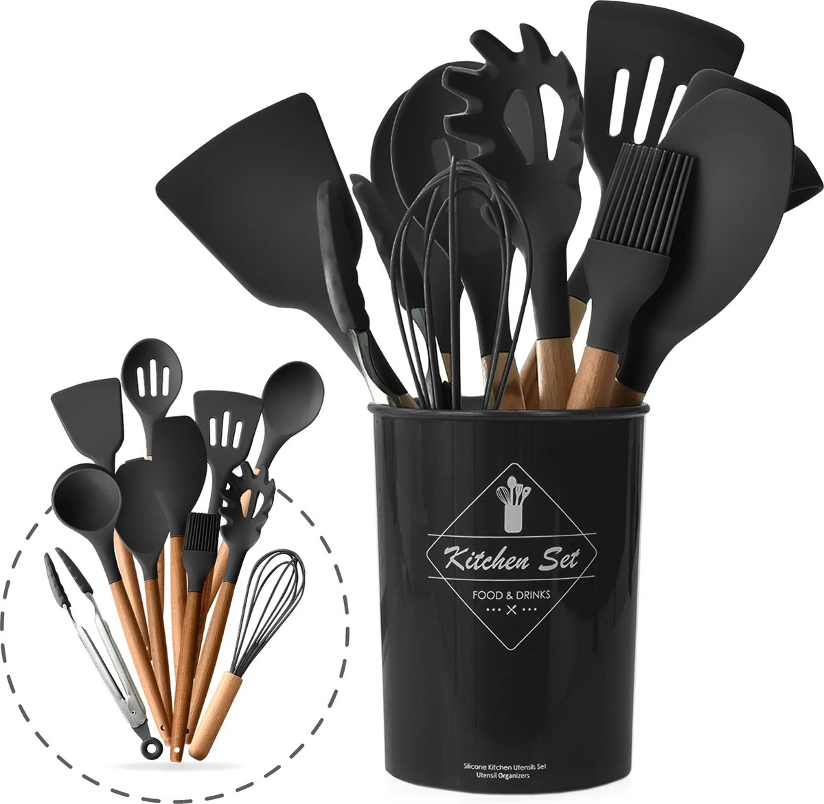 Keukengerei Set Met Houder - Kookgerei Set Spatel Pot - Keukengerei Keukenset - 12 Delige Zwart Hout