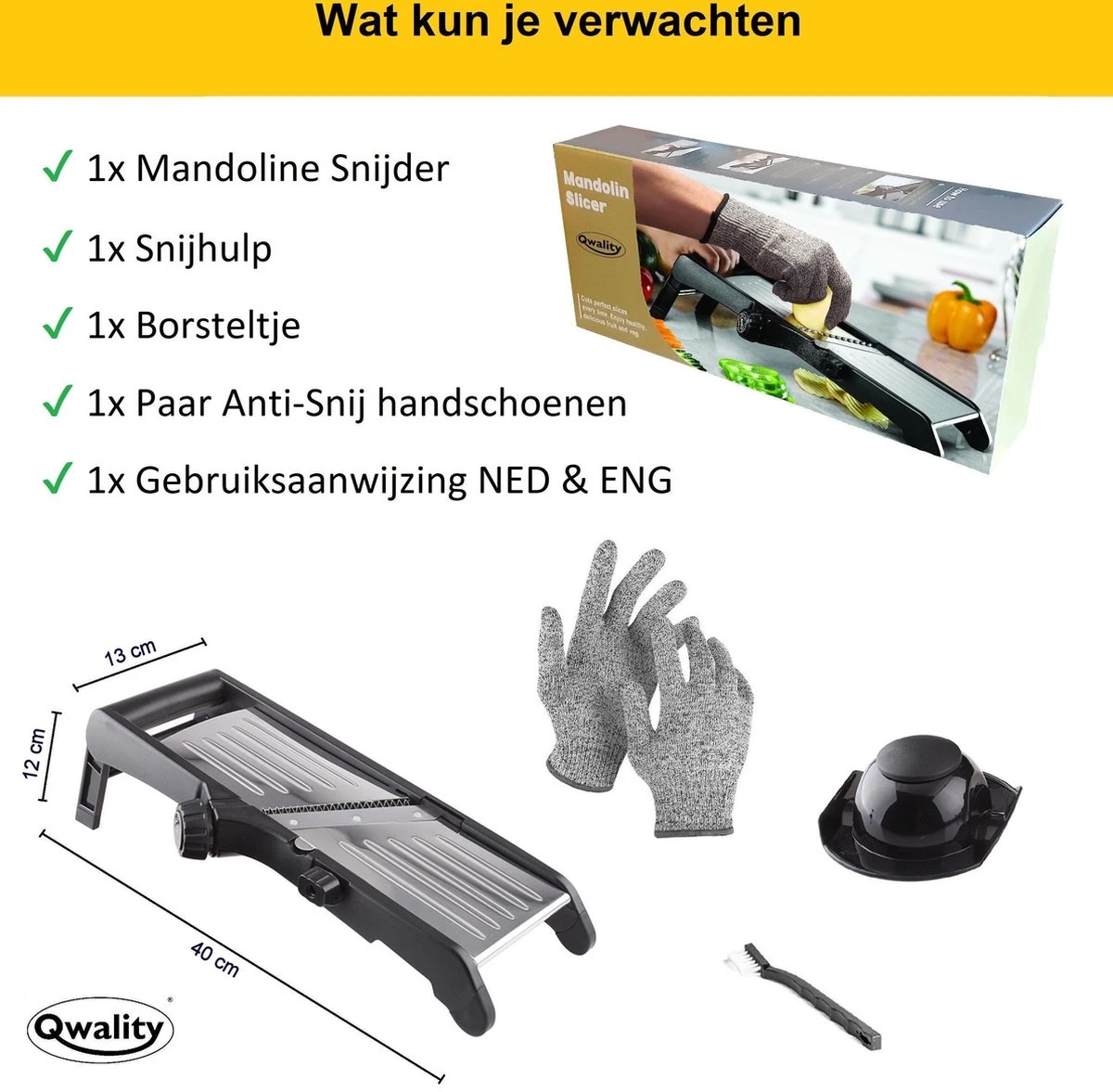 Mandoline - Vlijmscherp - Keukensnijder – Groentesnijder – Incl. Anti Snij Handschoenen En Snij Hulp - Qwality - Afbeelding 7