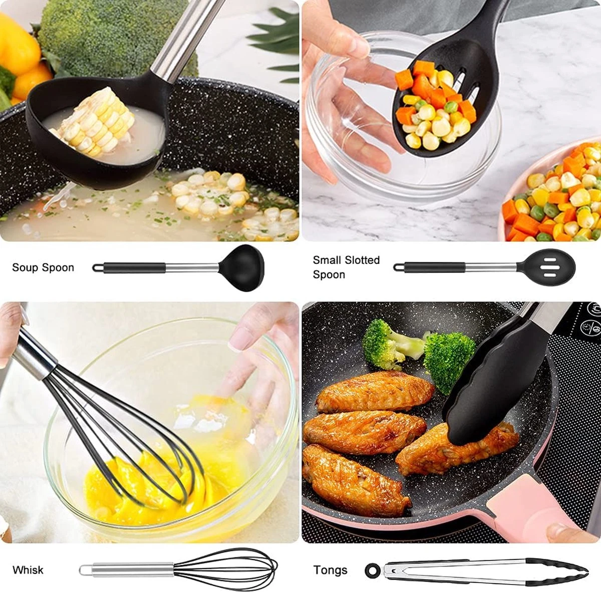 Merkloos Keukengerei Set Met Houder 12-delig - Siliconen – Ophangbaar - Antiaanbak Laag – Hittebestendig En BPA Vrij - Zwart - Afbeelding 7