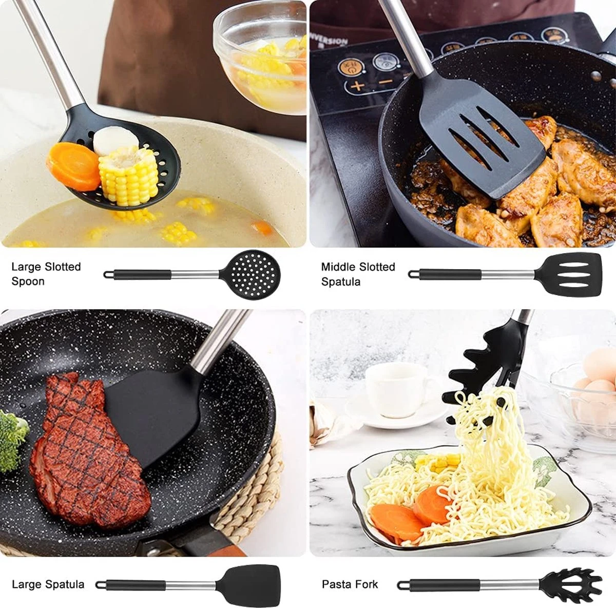 Merkloos Keukengerei Set Met Houder 12-delig - Siliconen – Ophangbaar - Antiaanbak Laag – Hittebestendig En BPA Vrij - Zwart - Afbeelding 6