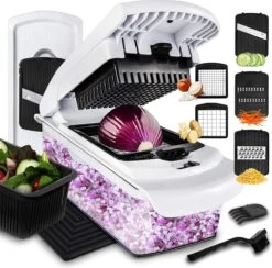 Lekro Multifunctionele Groentesnijder Met Glazen Ovenschaal - Mandoline - Uiensnijder - Frietsnijder - Groentensnijder- Anti-slip Mat - Glas & RSV - 12-delig